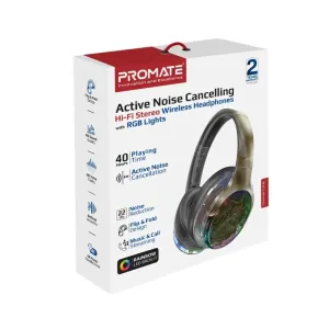 Promate Transtune-Gunmetal Headphones ANC Wireless With RGB