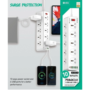 Lightwave Extension Socket 2 Metres 10‑Way with 6 USB Ports-EXT 106U