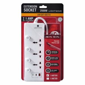 Lightwave Extension Socket- 3 Metres 4WAY with  1usb port + 2 usb c port-LW EXT 42C1U