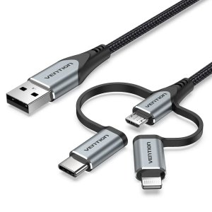 Vention USB 2.0 A Male to 3-in-1 Micro-B&USB-C&Lightning Male Cable 1M Gray