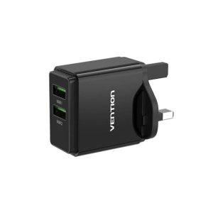 Vention Two-Port  USB(A+A) Wall Charger (18W/18W) UK-Plug Black- VEN FBAB0-UK