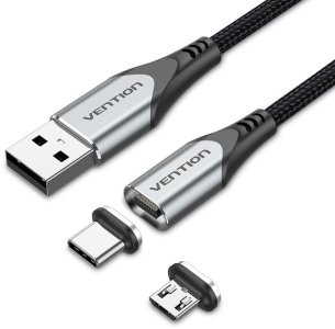 Vention USB 2.0 A Male to 2-in-1 Micro-B&USB-C Male Magnetic Cable 1M Gray-VEN CQMHF